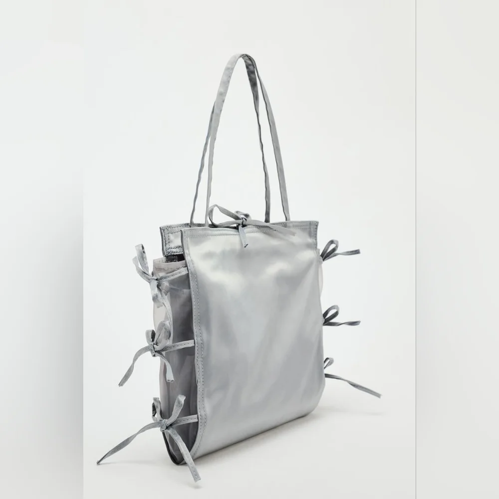Zara Bow Trim Satin Effect Tote Bag NWT